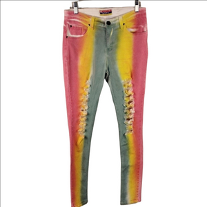 Go Glory Pink Yellow Tie-Dye Mid Rise Button Zip Ripped Skinny Colored Jeans